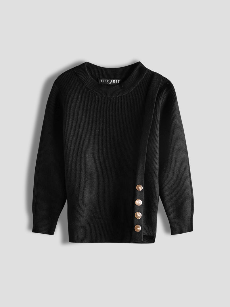 Luxurit Girls' Black Knitted Sweater with Side Button Design