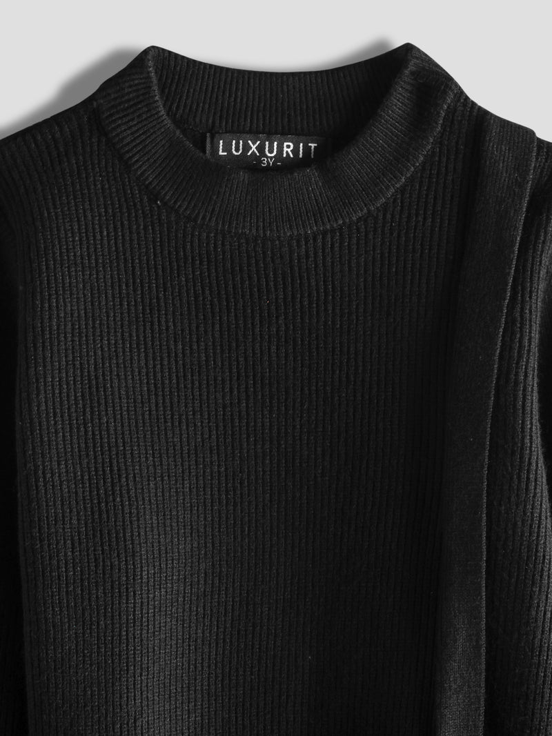 Luxurit Girls' Black Knitted Sweater with Side Button Design