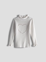 Luxurit Girls' White Heart-Patterned Pearl-Embellished Sweater