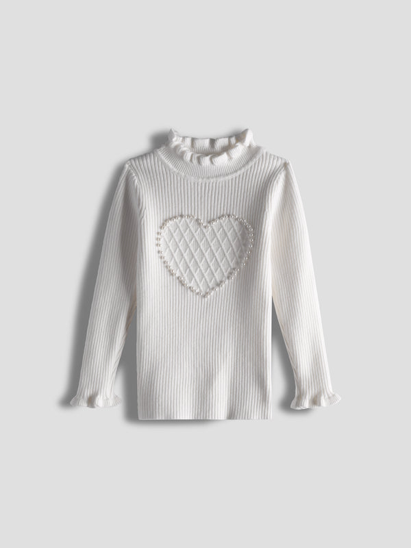 Luxurit Girls' White Heart-Patterned Pearl-Embellished Sweater