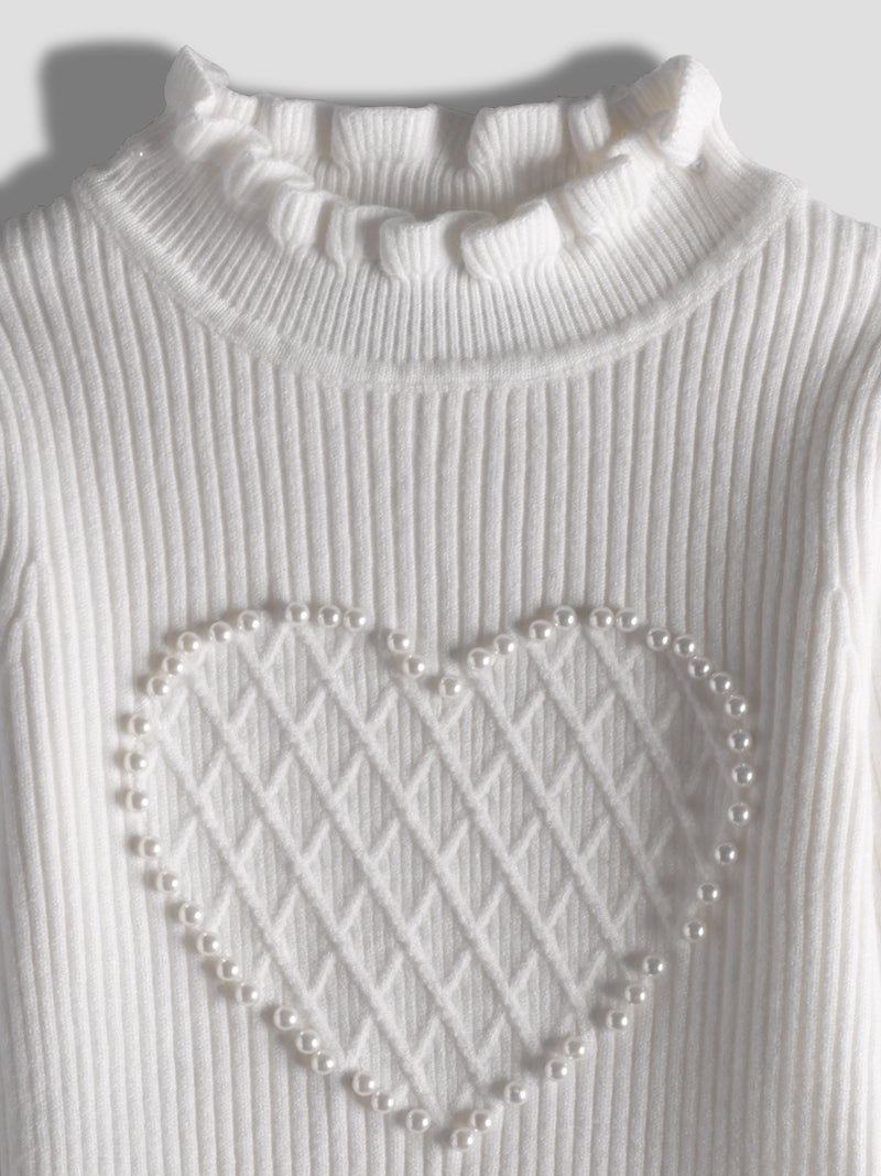 Luxurit Girls' White Heart-Patterned Pearl-Embellished Sweater