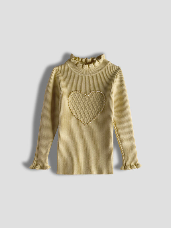 Luxurit Girls' Yellow Heart-Patterned Pearl-Embellished Sweater