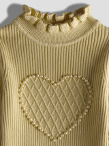 Luxurit Girls' Yellow Heart-Patterned Pearl-Embellished Sweater