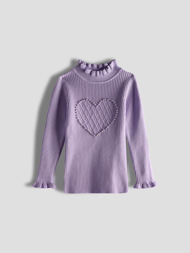 Luxurit Girls' Purple Heart-Patterned Pearl-Embellished Sweater