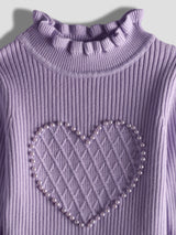 Luxurit Girls' Purple Heart-Patterned Pearl-Embellished Sweater