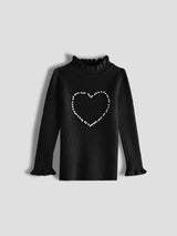 Luxurit Girls' Black Heart-Patterned Pearl-Embellished Sweater