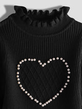 Luxurit Girls' Black Heart-Patterned Pearl-Embellished Sweater