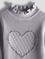 Luxurit Girls' Grey Heart-Patterned Pearl-Embellished Sweater