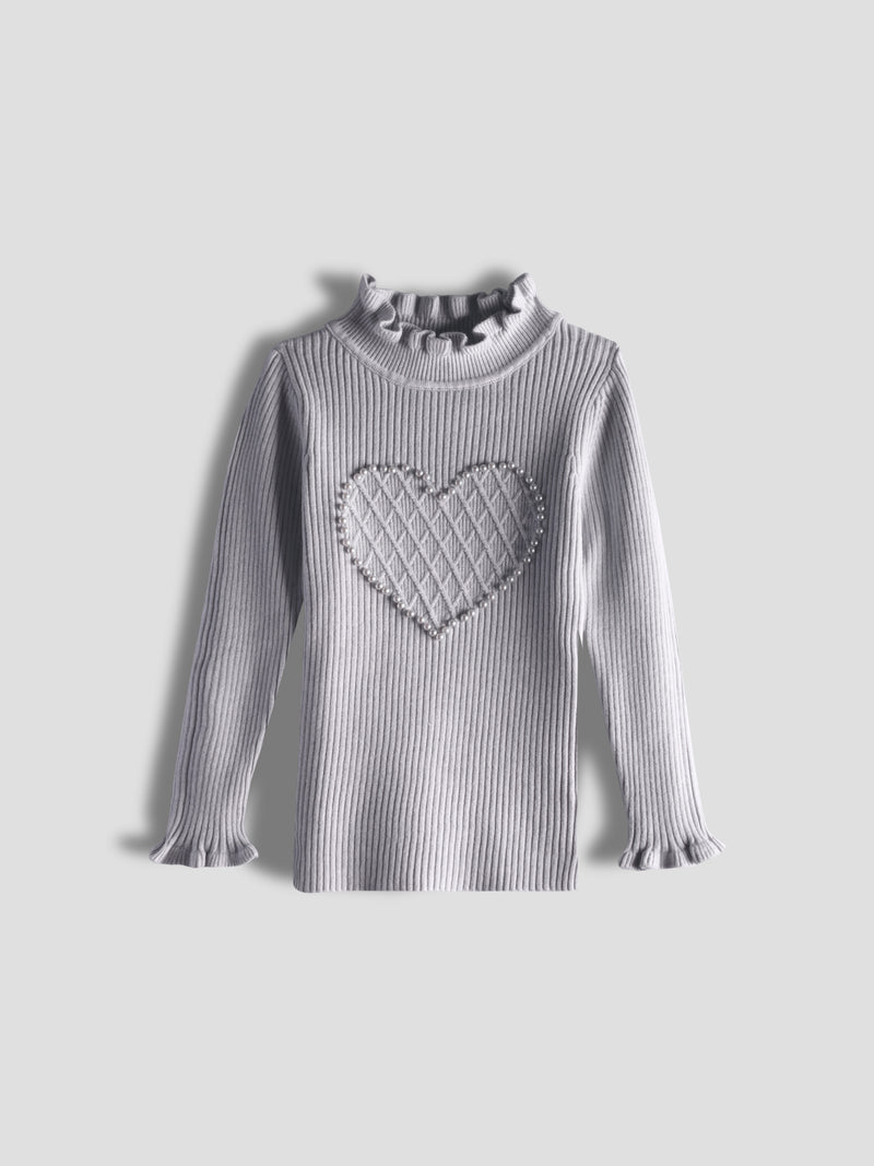 Luxurit Girls' Grey Heart-Patterned Pearl-Embellished Sweater