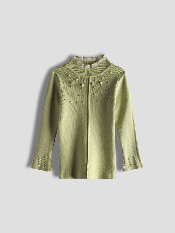 Luxurit Girls' Green Pearl-Embellished Sweater