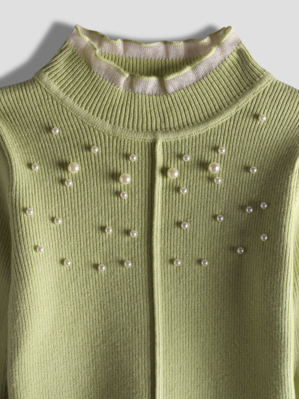 Luxurit Girls' Green Pearl-Embellished Sweater