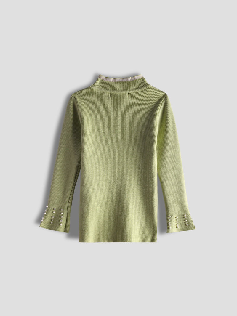 Luxurit Girls' Green Pearl-Embellished Sweater