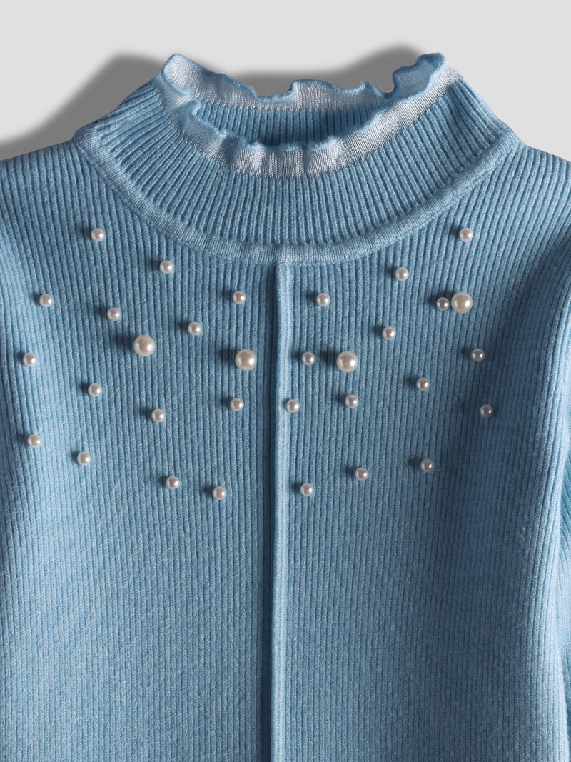 Luxurit Girls' Blue Pearl-Embellished Sweater