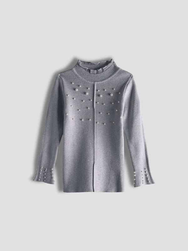 Luxurit Girls' Grey Pearl-Embellished Sweater