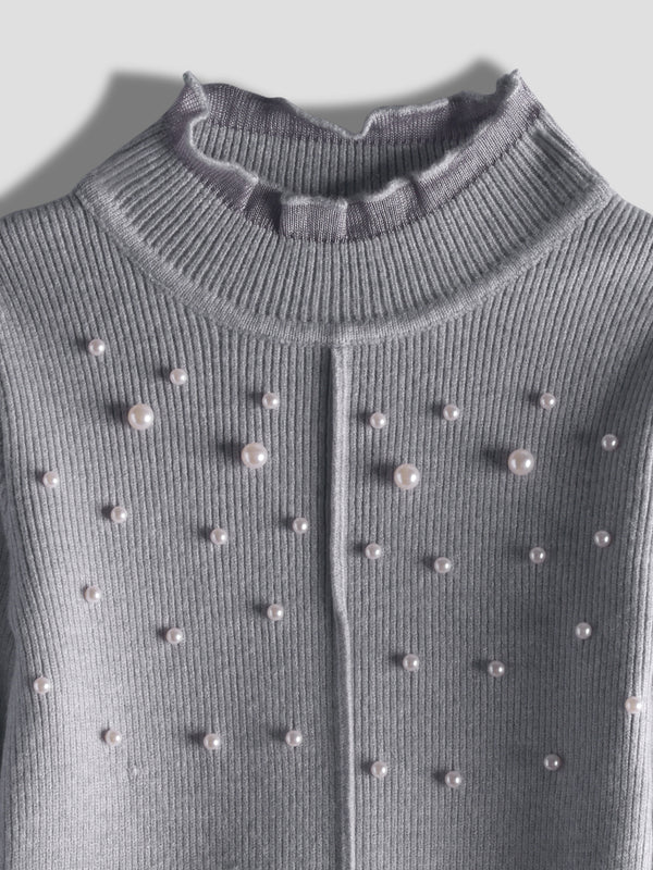 Luxurit Girls' Grey Pearl-Embellished Sweater