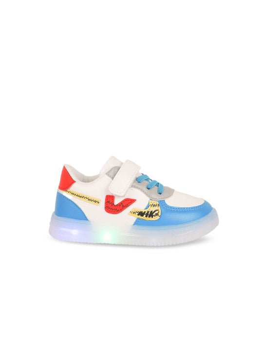 Kids Colourblocked LED Velcro Sneakers – White, Blue & Red