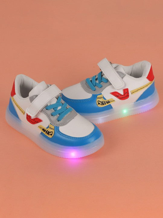 Kids Colourblocked LED Velcro Sneakers – White, Blue & Red