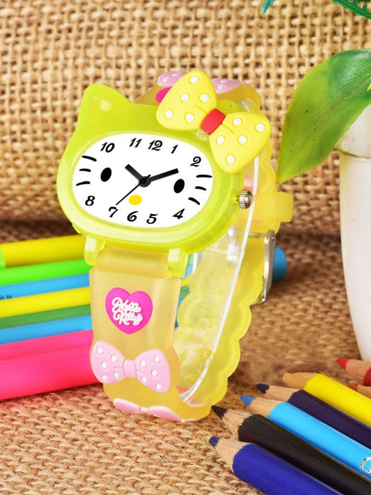 Girls Printed Dial & Yellow Silicon Strap Analogue Watch - Yellow Kitty