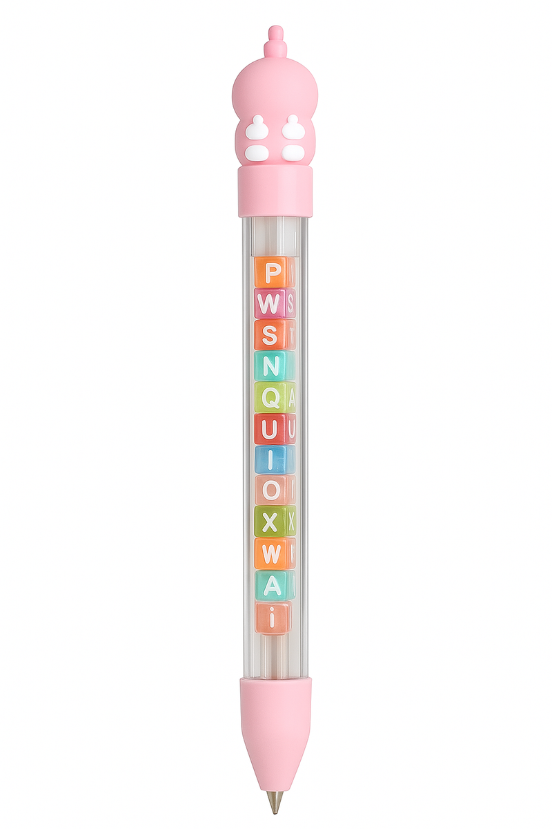 Pack of 5 Cute Alphabet Bead Gel Pens for Kids | 0.7mm Smooth Writing | Multicolor Ink with Animal Caps