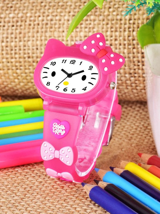 Girls Printed Dial & Straps Analogue Watch - DarkPink Kitty