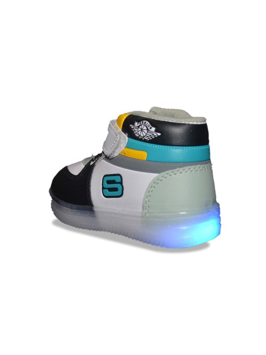 Kids Colourblocked Round Toe LED Sneakers – Black, White & Blue