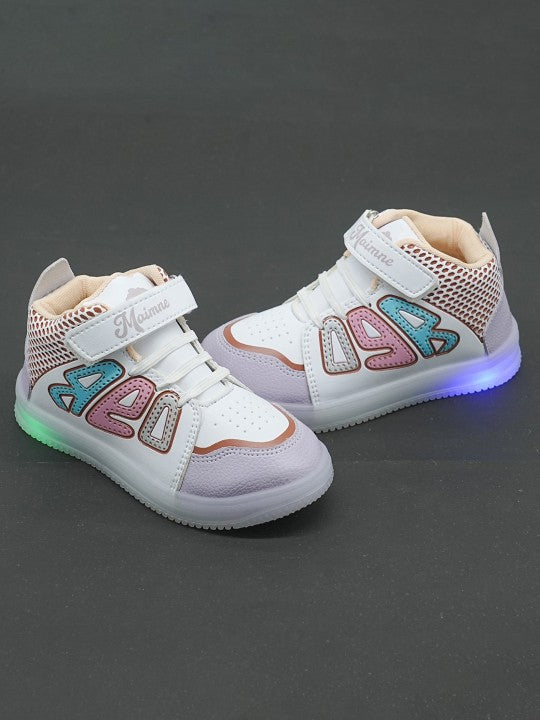 Kids Colourblocked Comfort Insole Sneakers with LED Lights – White, Lavender & Beige