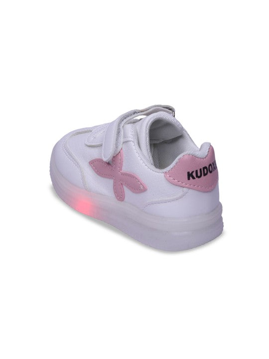 Unisex Kids PU Sneakers – Pink White with Velcro Fastening