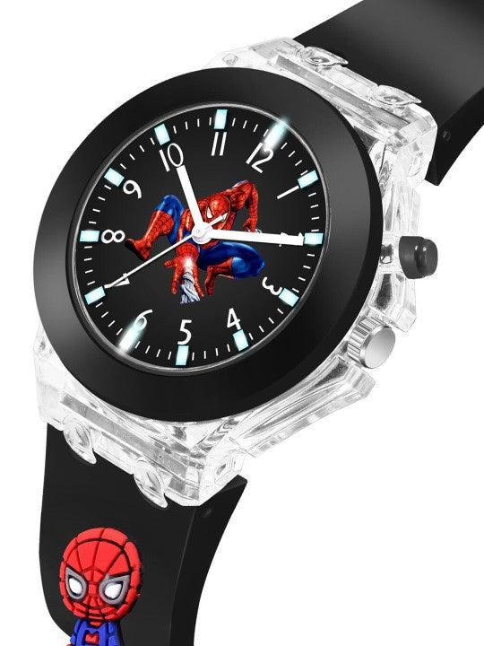 Kids Printed Dial & Straps Analogue Watch LED Spiderman Black