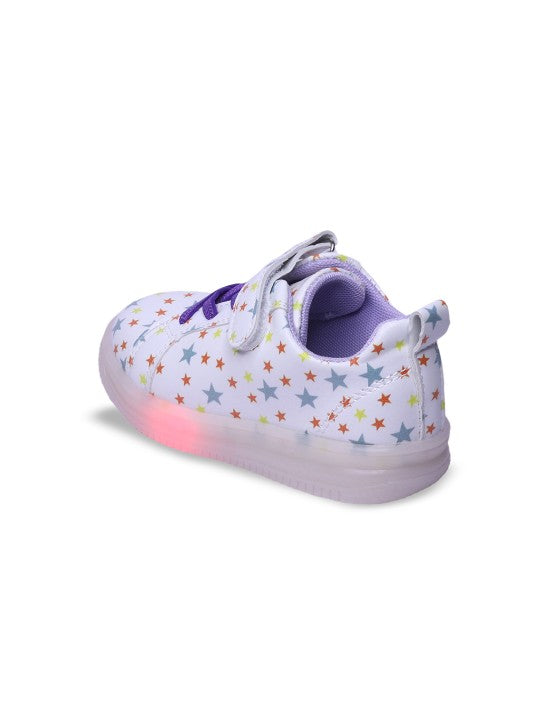 Unisex Kids Printed PU Sneakers – White with Velcro and Western Embellishments