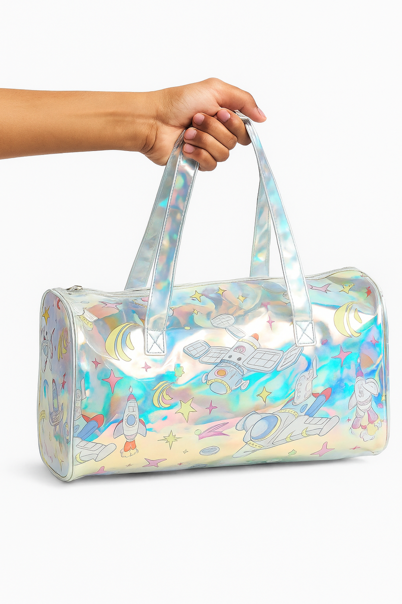 Holographic Unicorn Print Duffel Bag for Girls – Stylish, Lightweight & Trendy Travel Tote | Magical Unicorn Holographic Travel Bag for Girls – Glittery Rainbow Duffel with Cartoon Print