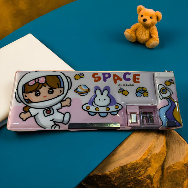 Space Cartoon Kids Pencil Box – Multiple Designs (Boy & Bear, Girl & Rabbit)