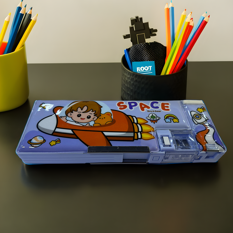 Space Cartoon Kids Pencil Box – Multiple Designs (Boy & Bear, Girl & Rabbit)