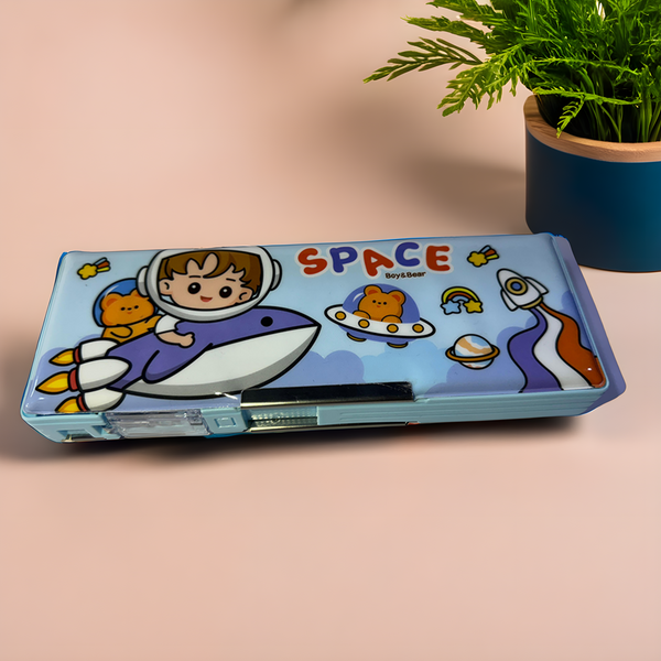 Space Cartoon Kids Pencil Box – Multiple Designs (Boy & Bear, Girl & Rabbit)
