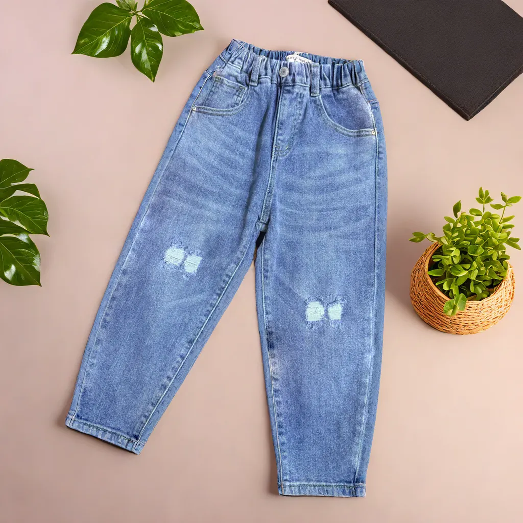 Kids Distressed Denim Jeans with Rubber Fit Waist & Back Pocket