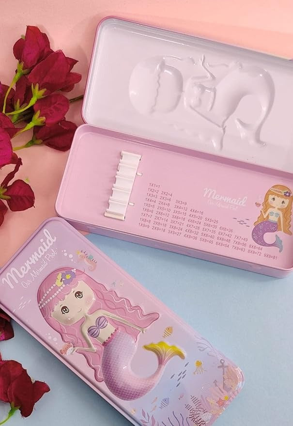 Mermaid Pencil Box for Kids – Cute Cartoon Metal Stationery Case (Pink & Purple Designs)