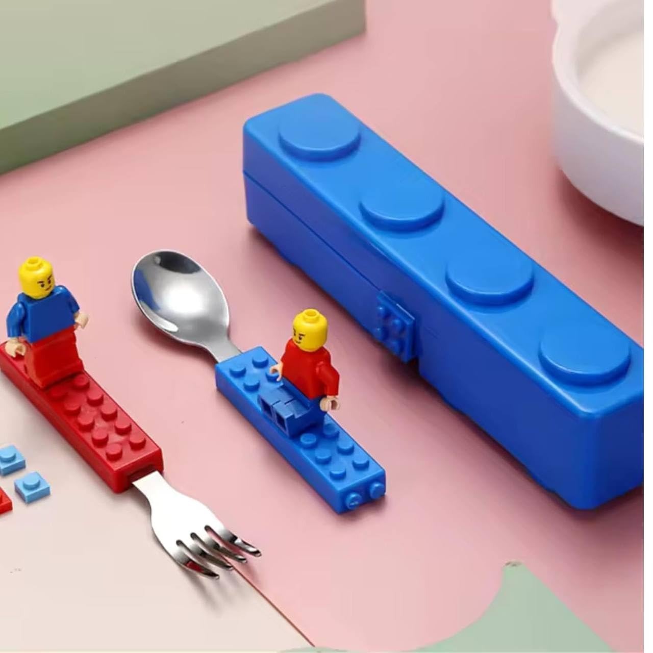 Lego-Themed Spoon & Fork Cutlery Set for Kids (Pack of 1) – BPA-Free, 304 Stainless Steel, with Storage Box – Ideal Birthday Return Gift