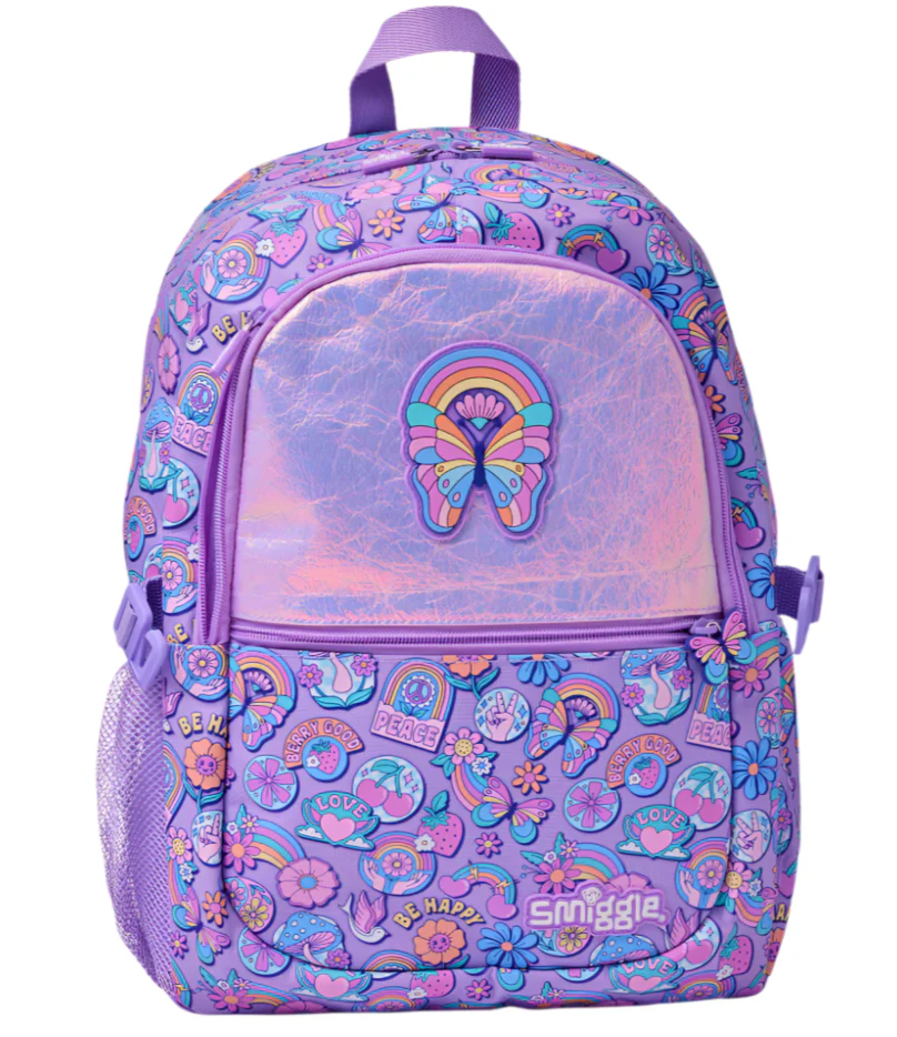 Smiggle Lilac Butterfly & Rainbow Backpack – Kids School Bag with Fun Prints and Iridescent Front Pocket