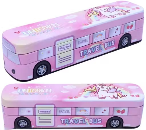 🚌 Kids Cartoon Bus-Shaped Metal Pencil Box