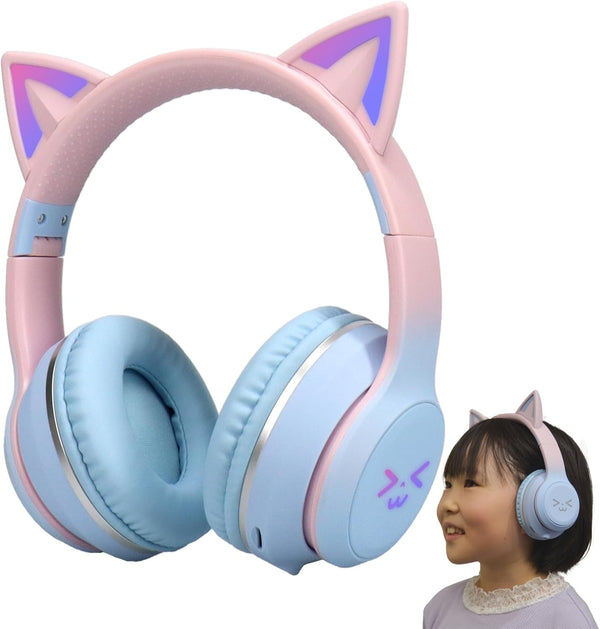 Kids Bluetooth Headphones with LED Cat Ears – Wireless Foldable Headset with Mic, TF Card Slot, Over-Ear Stereo Sound for Kids, Teens & Adults