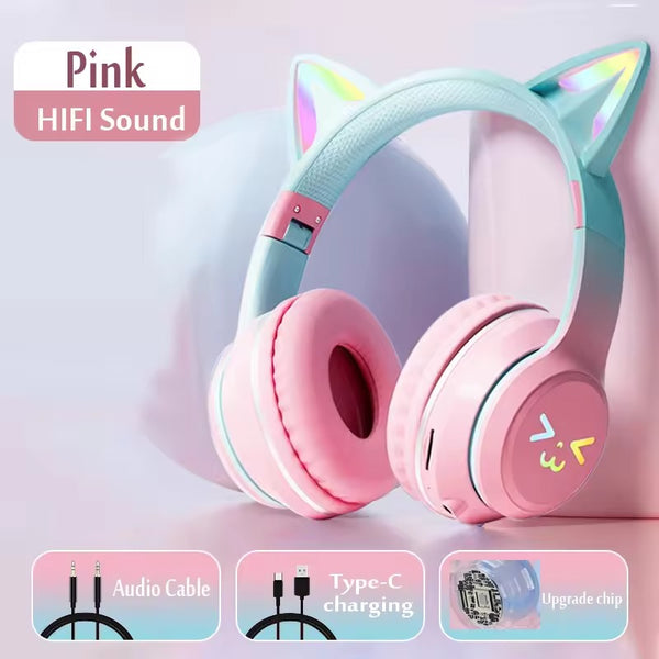 Kids Bluetooth Headphones with LED Cat Ears – Wireless Foldable Headset with Mic, TF Card Slot, Over-Ear Stereo Sound for Kids, Teens & Adults