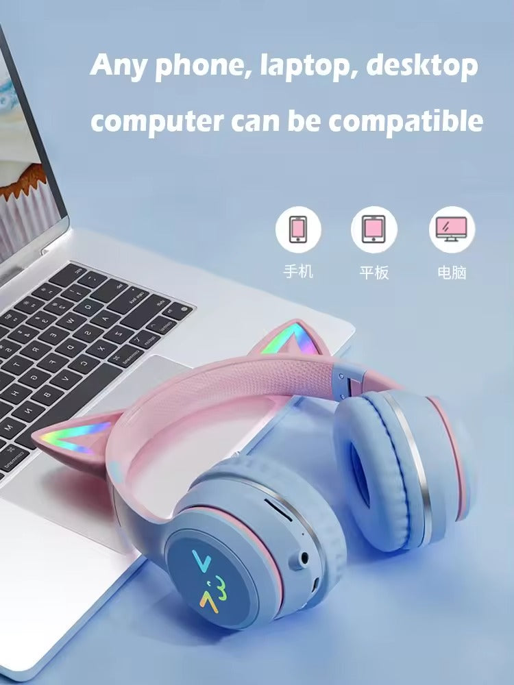Kids Bluetooth Headphones with LED Cat Ears – Wireless Foldable Headset with Mic, TF Card Slot, Over-Ear Stereo Sound for Kids, Teens & Adults