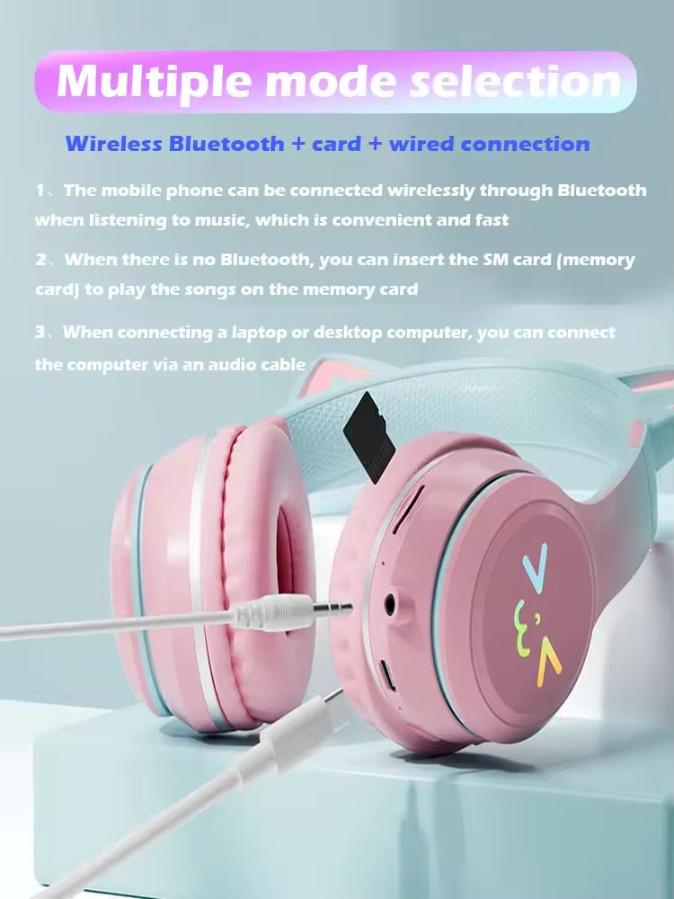 Kids Bluetooth Headphones with LED Cat Ears – Wireless Foldable Headset with Mic, TF Card Slot, Over-Ear Stereo Sound for Kids, Teens & Adults
