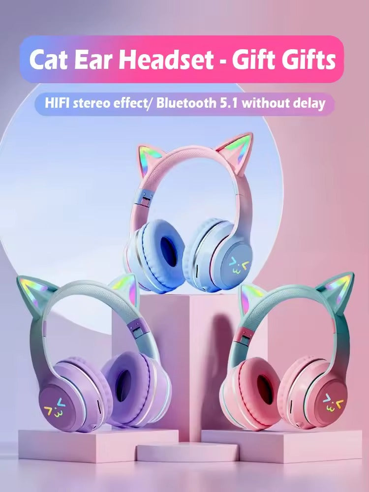 Kids Bluetooth Headphones with LED Cat Ears – Wireless Foldable Headset with Mic, TF Card Slot, Over-Ear Stereo Sound for Kids, Teens & Adults