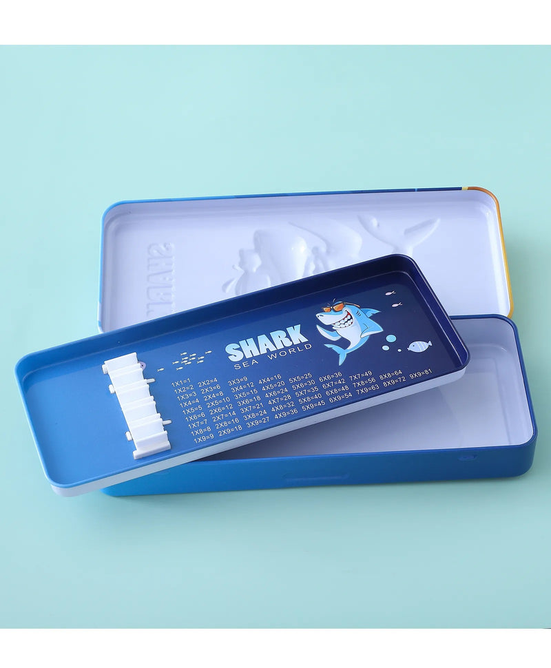Shark Sea World Pencil Box for Kids – Cartoon Shark Metal Stationery Case