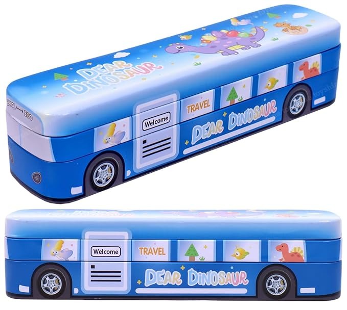 🚌 Kids Cartoon Bus-Shaped Metal Pencil Box