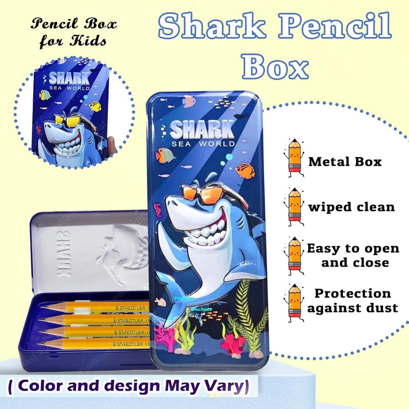 Shark Sea World Pencil Box for Kids – Cartoon Shark Metal Stationery Case