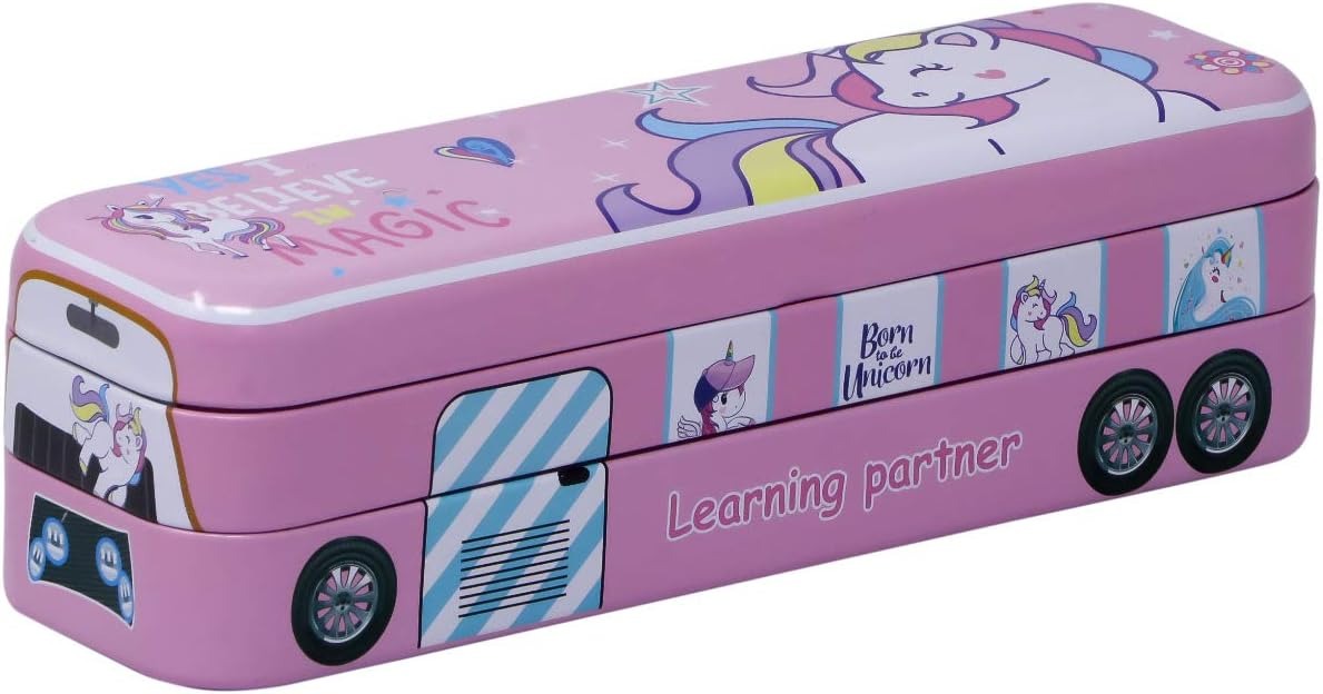 🚌 Kids Cartoon Bus-Shaped Metal Pencil Box