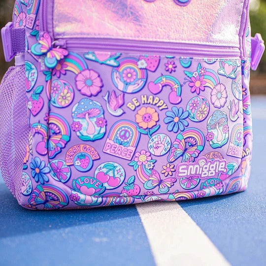 Smiggle Lilac Butterfly & Rainbow Backpack – Kids School Bag with Fun Prints and Iridescent Front Pocket