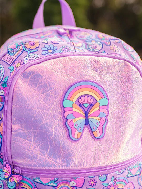 Smiggle Lilac Butterfly & Rainbow Backpack – Kids School Bag with Fun Prints and Iridescent Front Pocket
