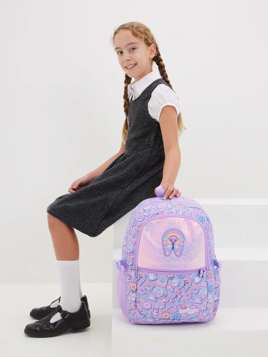 Smiggle Lilac Butterfly & Rainbow Backpack – Kids School Bag with Fun Prints and Iridescent Front Pocket